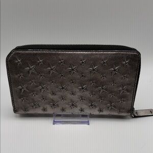 Jimmy Choo Metallic Gunmetal Star-Embossed Zip Wallet